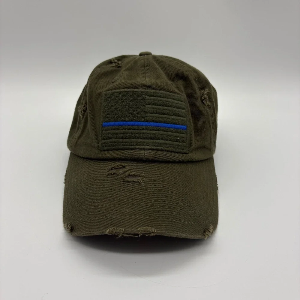 KBETHOS Vintage Men Olive Green Thin Blue Line American Flag Distressed Hat Cap
